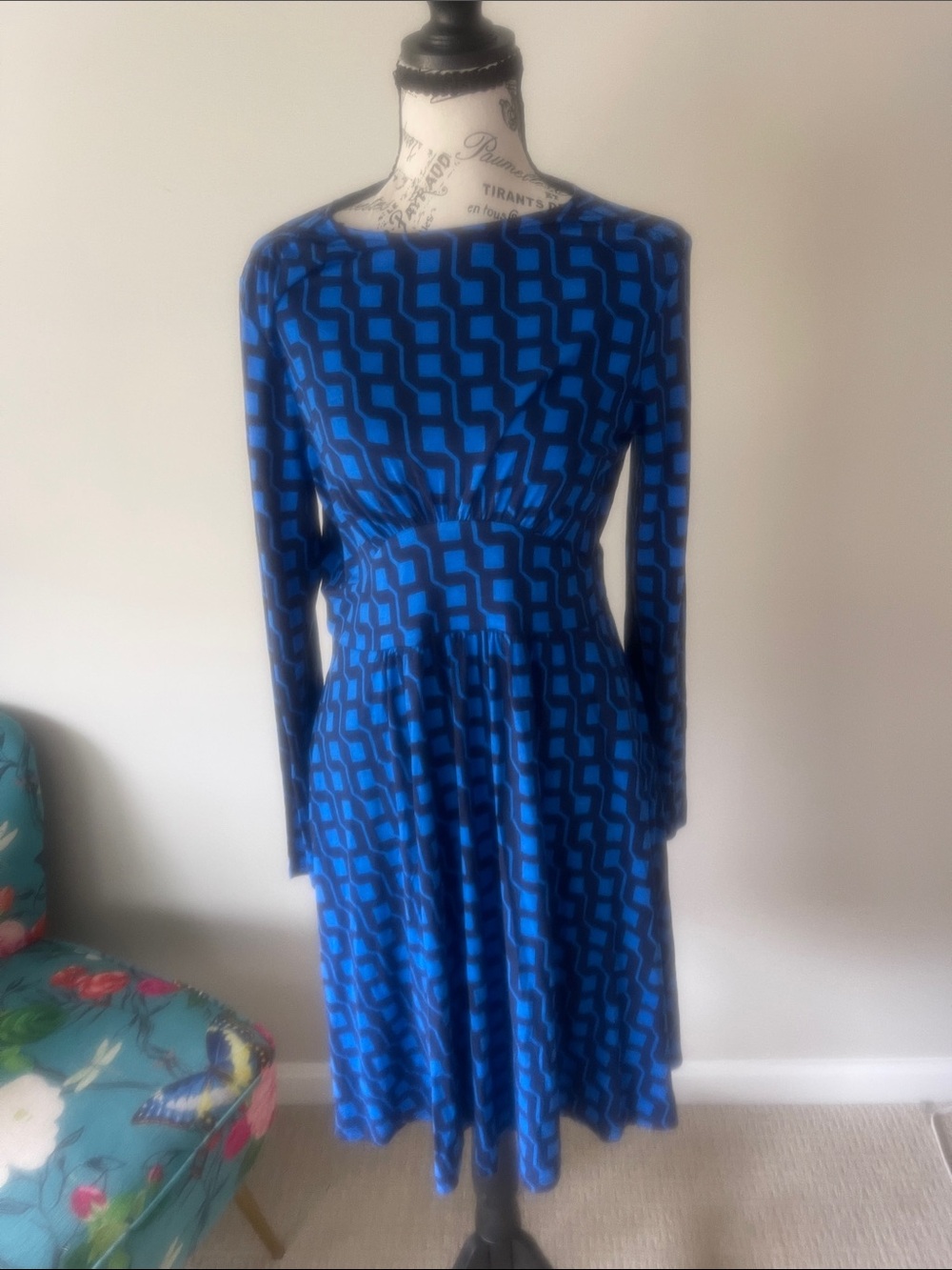 Boden Blue Geometric Long Sleeve Fit-and-Flare Dress